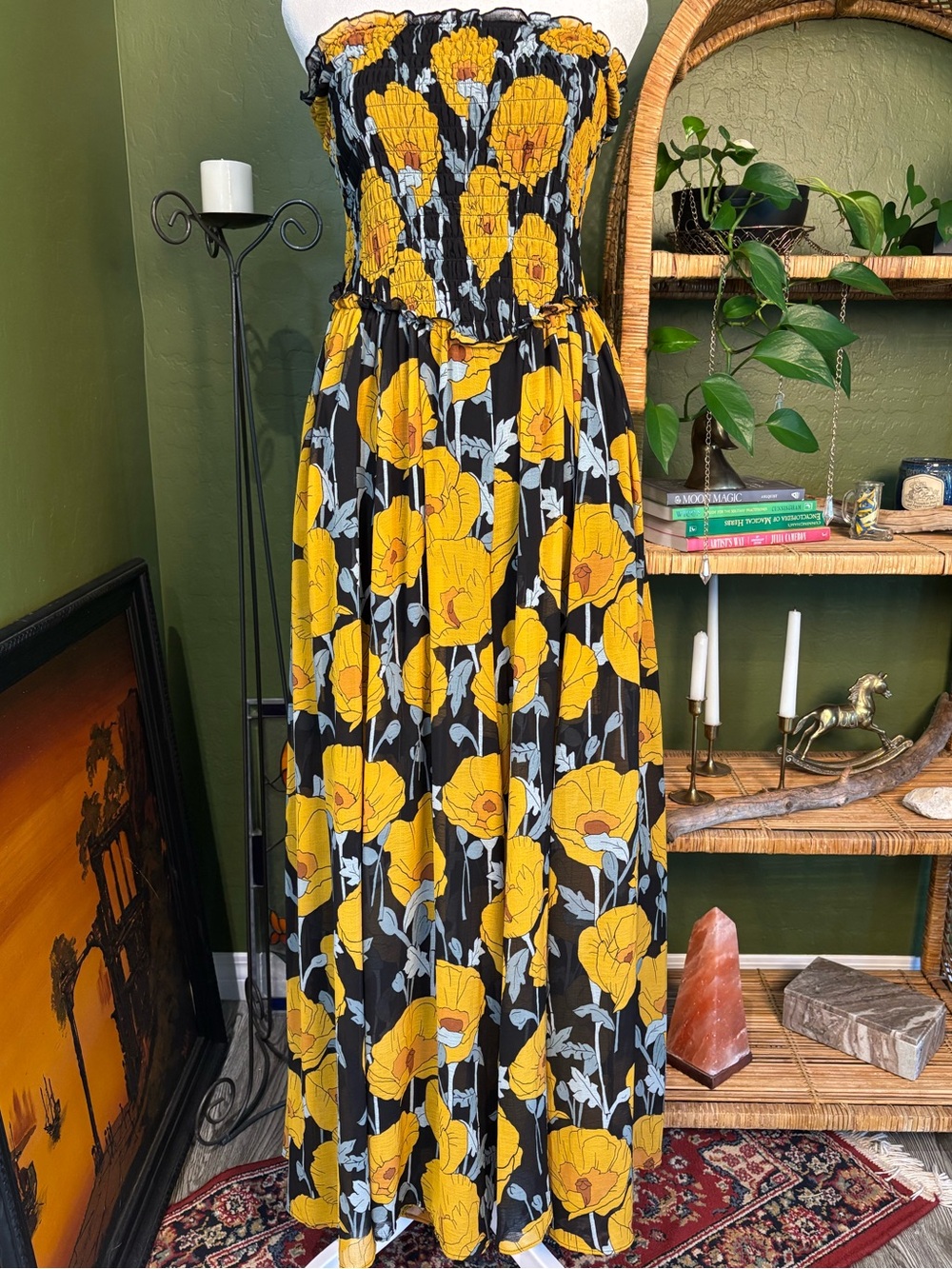 Free People Sophia Strapless Yellow Blue Poppy Floral Summer Wide Leg Jumpsuit